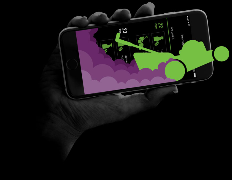 A persons hand holding an iphone with the Green Acres Go app open. An image of a lawnmower leaving a trail of smoke runs across the screen in green and purple.